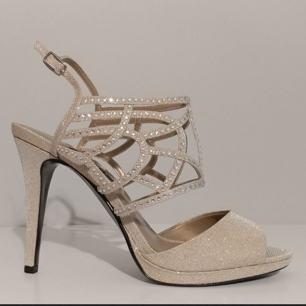 CAPARROS SILVER RHINESTONE EMBELLISHED PEEP TOE ANKLE STRAP HIGH HEEL SANDAL G1